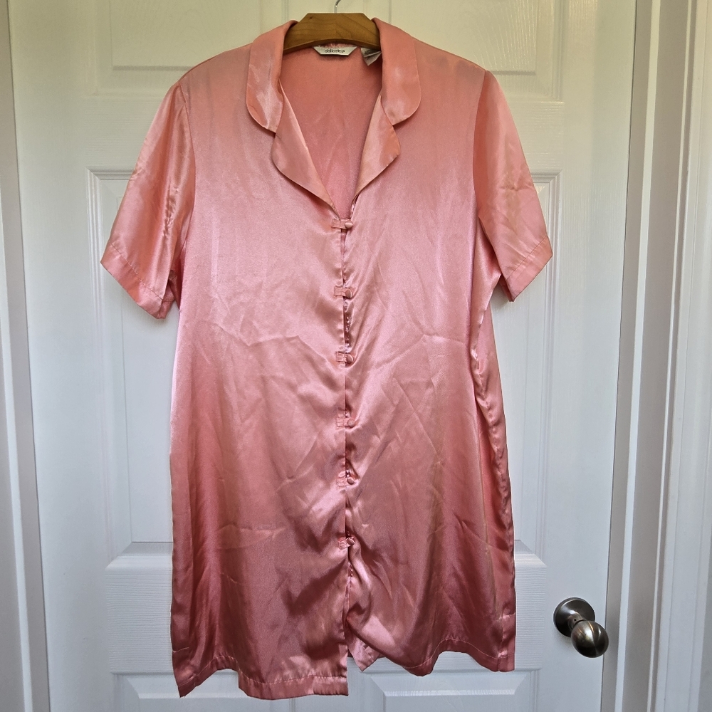 Vintage Women's Pink Satin Button Down Long Sleep Shirt Nightgown Large - Picture 6 of 11